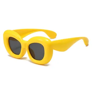 Fashion oversized bubble frame sunglasses with thick yellow frame and dark grey lenses