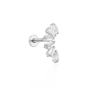 Macro view of S925 sterling silver ear stud with five rectangular-cut gemstones