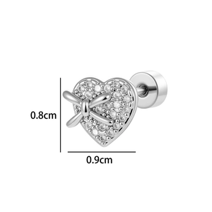 French vintage silver heart earring with pavé zircon bow and screw back design