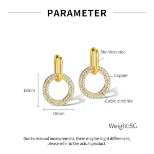 Detail showing 18mm round golden heart earrings with stainless steel and cubic zirconia