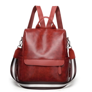 Vintage burgundy faux leather backpack for women with striped detachable shoulder strap