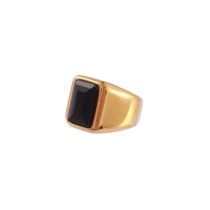 Vintage gold stainless steel signet ring with a large rectangular black gemstone inlay