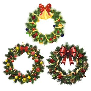 Three festive Christmas wreaths with berries pinecones and bells on white background