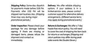 Information chart detailing shipping policies and customer service terms for earrings