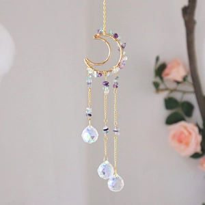 Detailed moon-shaped suncatcher with purple crystal gravel and iridescent prism balls