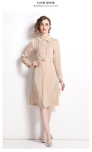 Elegant beige long sleeve shirt dress featuring woven texture detail and matching waist belt