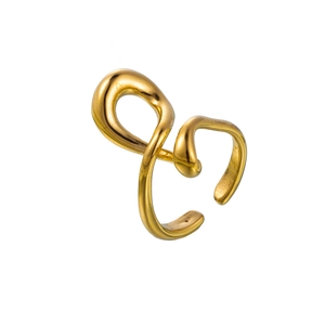 Detailed macro view of an elegant gold geometric open ring with abstract curved lines