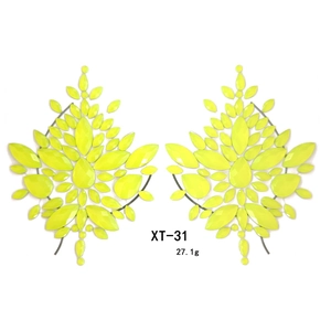 Neon yellow drop earrings XT-31 with marquise resin stones on white background