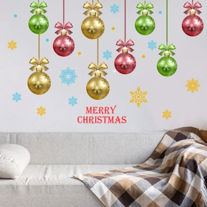 Colorful Christmas wall stickers with red gold balls and Merry Christmas text for home decor