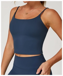 Detail view of navy blue yoga top with thin straps and dense matte sports fabric