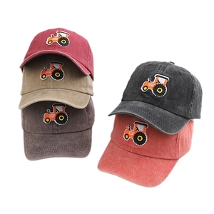 Set of 5 washed cotton baseball caps for kids with orange tractor embroidery details