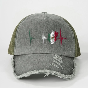 Cappellino trucker vintage grigio e oliva con grafica del battito cardiaco messicano