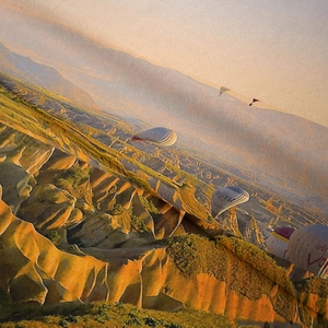 Close-up detail of digital printed tapestry showing hot air balloons over hills