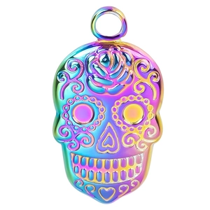 Rainbow plated stainless steel sugar skull charm with floral engraving for DIY jewelry