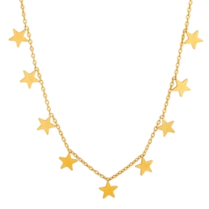Detail of a gold necklace featuring nine solid five-pointed star pendants on a delicate chain