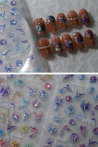 Detailed 3D holographic mermaid scales and sea shell nail stickers with laser shine