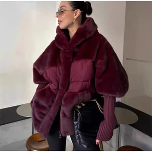 Women's burgundy faux fur patchwork loose jacket with ribbed cuffs in trendy autumn style