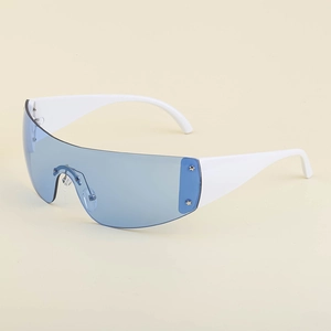 Y2K frameless wraparound sunglasses with white frame, blue lenses, and star side details