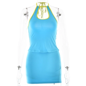 Women's sexy blue two-piece set featuring halter neck top and mini skirt with yellow trim