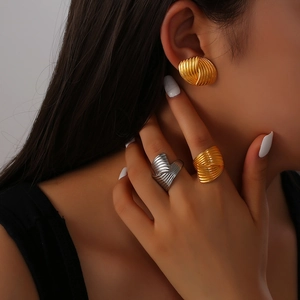 18K gold plated titanium steel twisted earrings and rings jewelry set for women