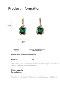 Detail showing 925 silver needle emerald earrings with dimensions and weight specifications