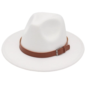 Detail of white felt fedora hat featuring a brown leather band with silver buckle