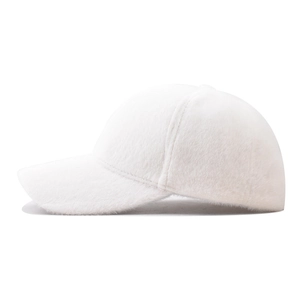 Soft white faux mink fur baseball cap featuring a classic six-panel design and curved brim