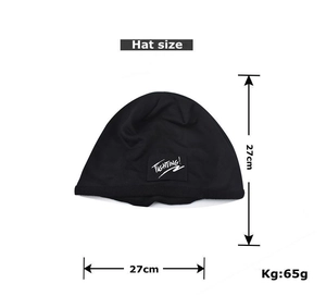 Detailed black knit beanie with white Fighting slogan and 27cm dimension markings