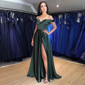 Evening Gown Satin Off Shoulder High Slit Elegant Sexy High Waist Floor Length Lace Up Back Dress For Women Party