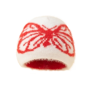 Winter knit beanie for women in white with a stylish red butterfly pattern