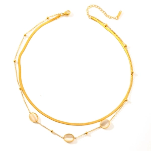 Double-layered 18k gold plated stainless steel necklace with white cat eye stones