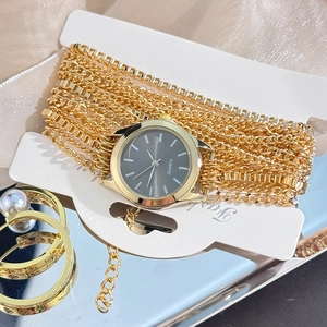 Elegant gold multi-layer wrap chain quartz watch for women with a black round dial
