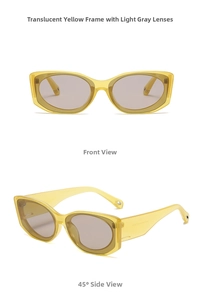 Detail view showing front and 45-degree angle of retro square transparent yellow sunglasses