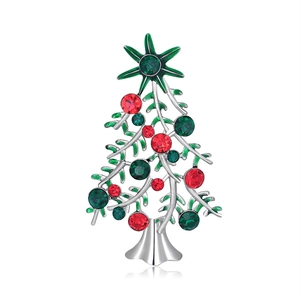 Sparkling Christmas tree brooch with red and green crystals on a silver finish metal base