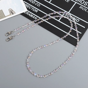 Iridescent heart beaded phone strap with clear crystals and metal lobster clasps