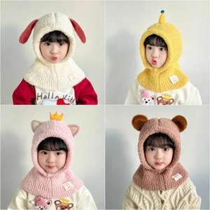 Detail of children's fleece hooded neck warmer with cute animal ears and soft texture