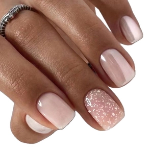 Short square leopard print press-on nails with nude pink finish and glitter accents