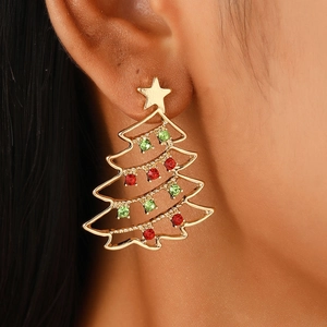 Elegant Christmas tree drop earrings with gold frame and colorful cubic zirconia crystals