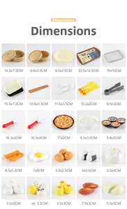 Detailed size chart for kids pretend kitchen toy set including food and cookware models