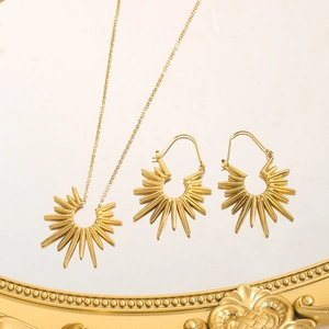 Elegant gold stainless steel jewelry set featuring sunflower pendant necklace and hoop earrings