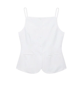 Close-up of white cotton button-up tank top featuring decorative pockets and thin straps