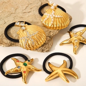 18K gold stainless steel hair ties featuring seashell and starfish with pearls and rhinestones