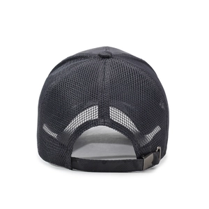 Back view of black camouflage trucker hat with breathable mesh and adjustable strap