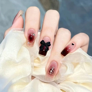 Press On Nails Long Coffin Red Black Gradient 3D Black Bow Silver Rose Heart Rhinestones Elegant Wearable Fake Nails