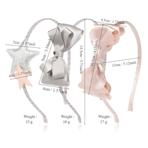 Girl's pink and silver bow and star headbands with precise size measurements in cm and inch