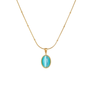 18k gold plated stainless steel necklace with sky blue oval pendant and beaded chain