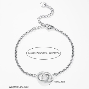 Silver interlocking double ring necklace in stainless steel with crystal accents