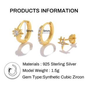 Detailed view of three-piece 925 silver earring set with star pendant and zircon in gold finish