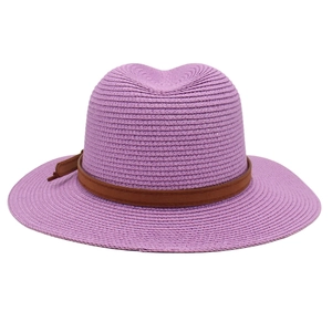 Detail of purple woven straw Panama hat featuring a brown leather band and fine texture