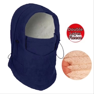 Detail of dark blue winter cycling hood showing warm double-layer fleece lining